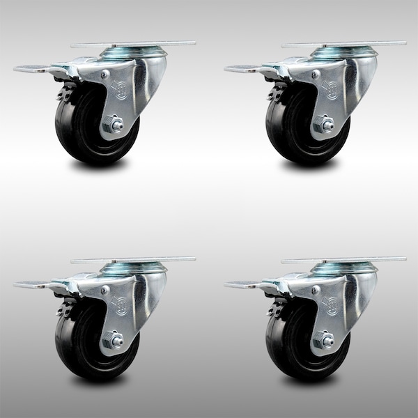 3.5 Inch SS Hard Rubber Wheel Swivel Top Plate Caster Set with Total Lock Brake